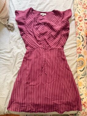 Monteau Rose-Pink Striped V-Neck Midi Dress